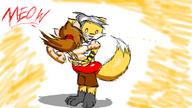 Artist:ChaosFox Lea author_fancy author_like digital_sketch doodle felyne fluffy_tail fox hug mew open_mouth red_pants silly surprise // 800x450 // 177.4KB