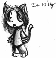 Kilo author_indifferent chibi deformed doodle feline felyne ink ink_sketch kibrosian male monologue open_mouth pencil pencil_sketch sketch text // 472x484 // 23.6KB