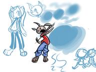 Half Paint_Tool_Sai action canidae colour digital doodle fang felyne fox grin long_ears long_muzzle male motion open_mouth open_shirt partially_dressed ponytail sandles silly swing tooth unfastened_clothes unidentified_character what // 1024x768 // 422.4KB