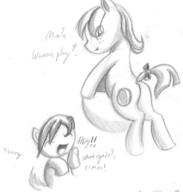 Firecry_Sundae Rowdy_Ruby Ruby_Revel action author_fancy author_like beach_ball blush bow butt cutie_mark fang female filly monologue open_mouth pencil pencil_sketch pony shouting sketch suggestive text tooth // 1330x1396 // 229.7KB