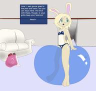 Bunni Jewels Luna author_fancy author_indifferent background balloons bikini blonde_hair carpet door green_eyes hallway long_ears open_mouth sitting sofa squish straddle // 966x914 // 186.7KB